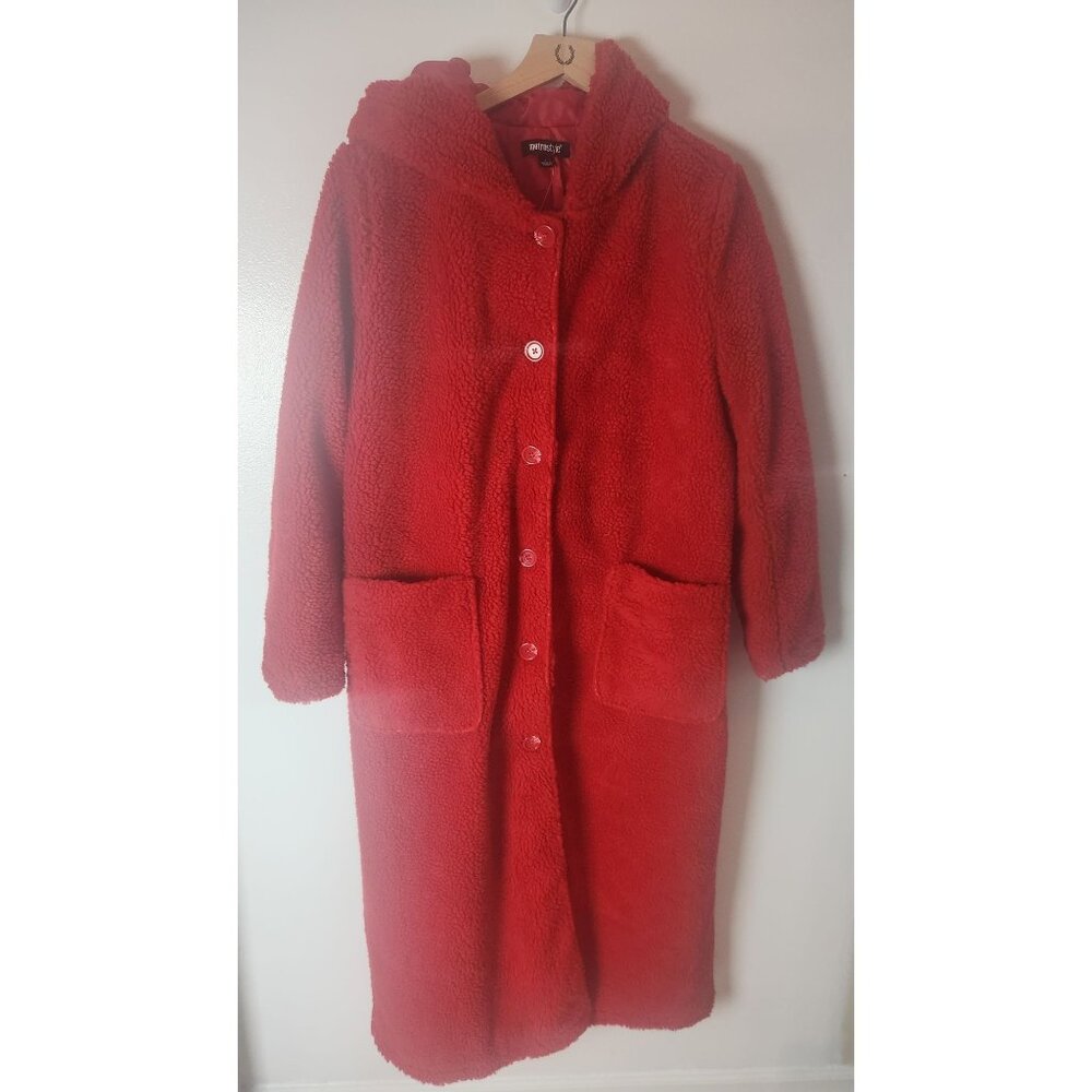 Metro Style Women's Sz. L Red Hooded Maxi Button Front Teddy Coat
